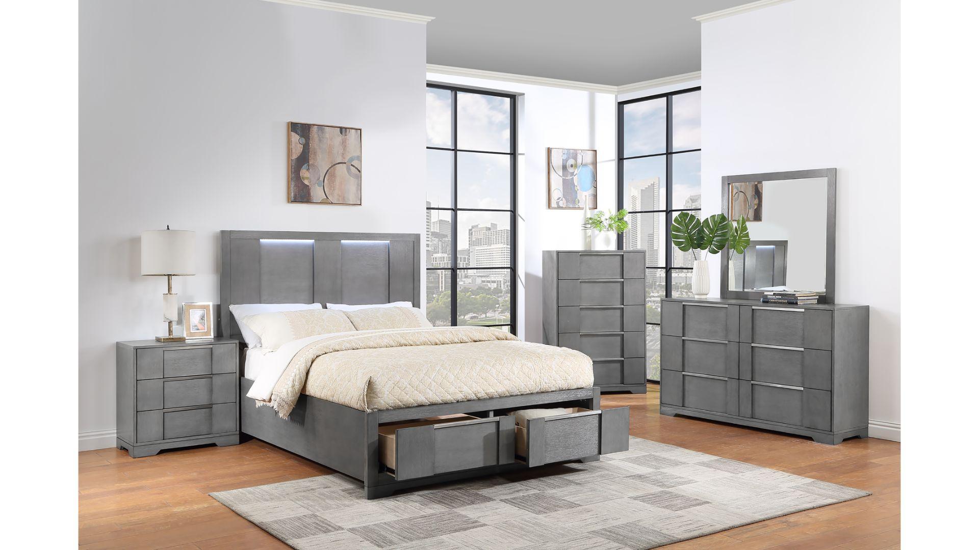 Kylie Modern Grey 5-Piece Bedroom Set with LED Headboard and Storage Drawers
