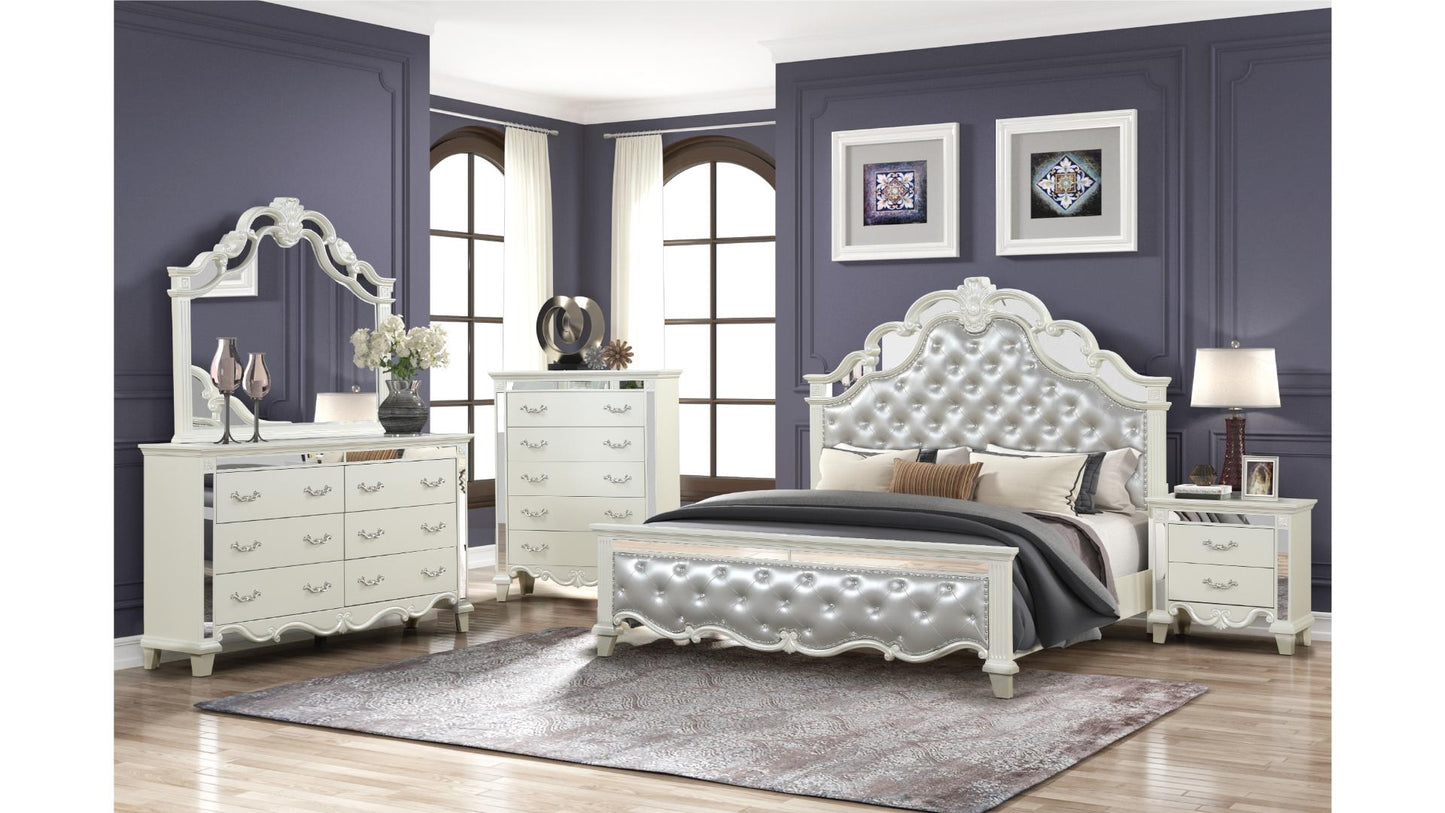 Olivia Modern White Lacquer LED Upholstered Headboard 5-Piece Bedroom Set