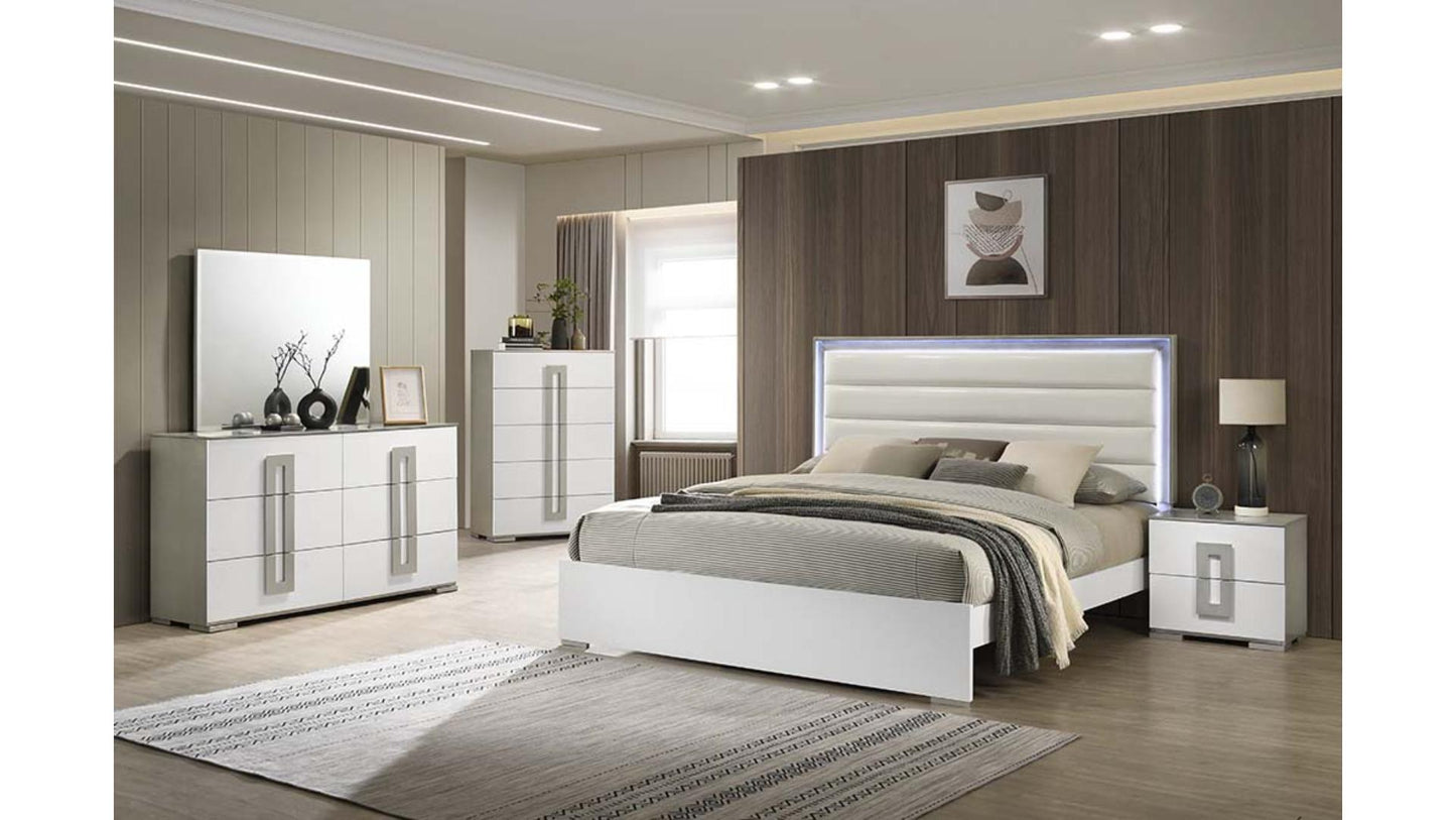 Olivia Modern White Lacquer LED Upholstered Headboard 5-Piece Bedroom Set