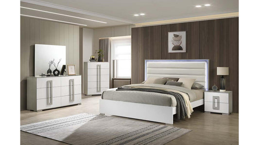 Olivia Modern White Lacquer LED Upholstered Headboard 5-Piece Bedroom Set
