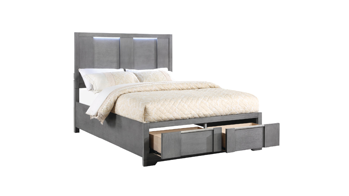 Kylie Modern Grey 5-Piece Bedroom Set with LED Headboard and Storage Drawers