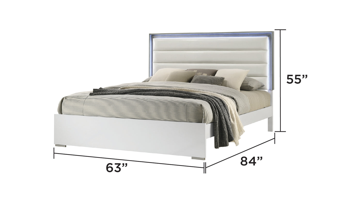 Olivia Modern White Lacquer LED Upholstered Headboard 5-Piece Bedroom Set