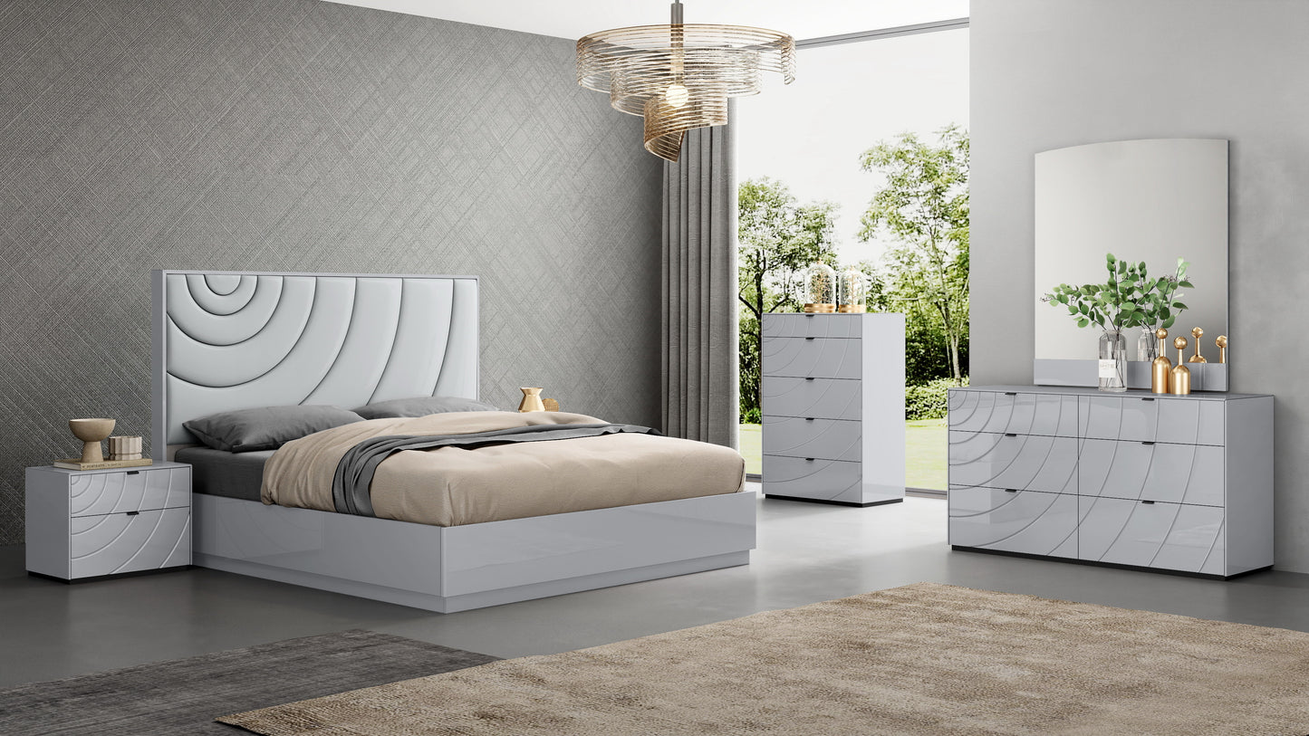 Disconix Grey Queen Platform Bed with Wave Headboard