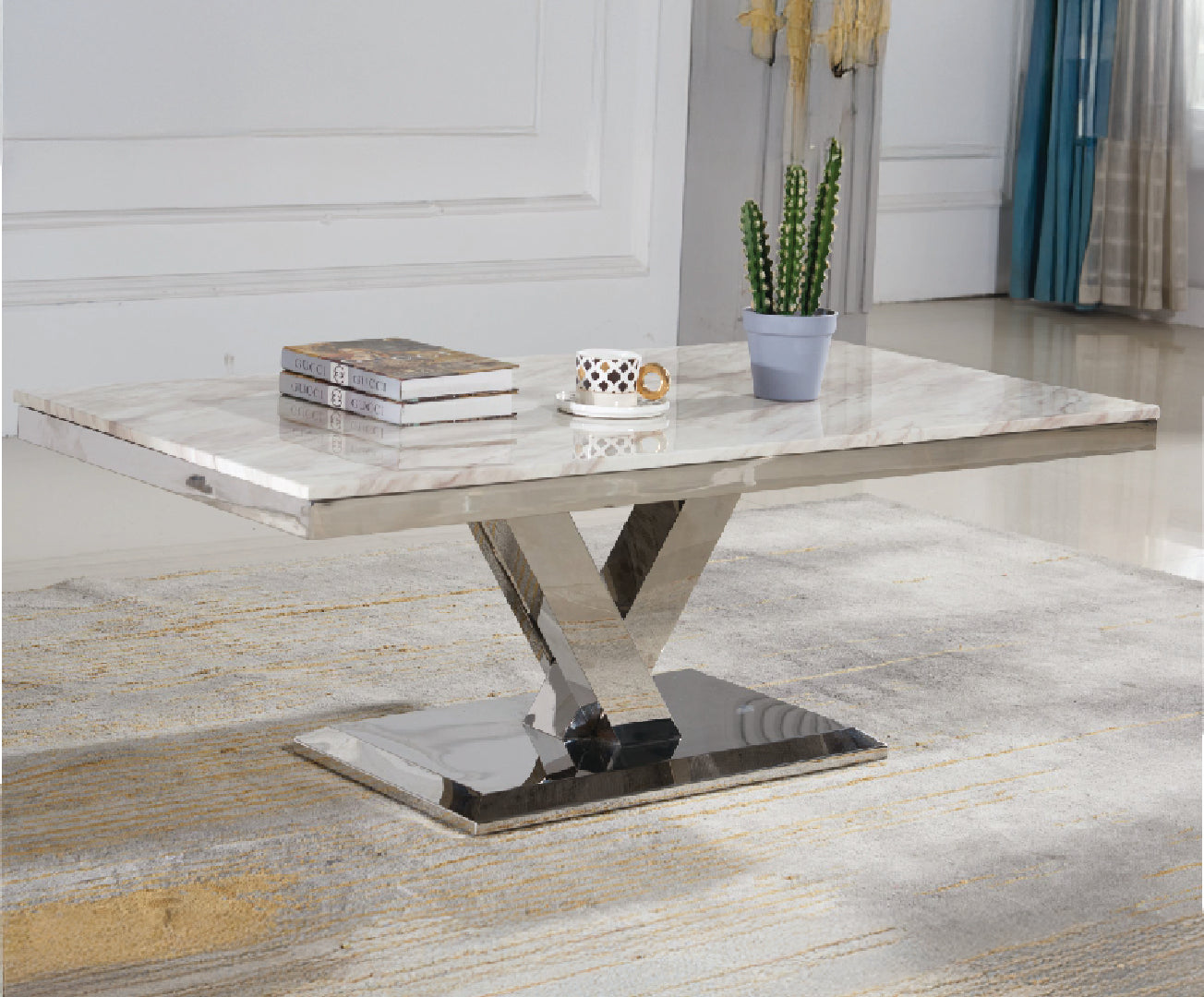 Maya Modern Marble Coffee Table with Chrome X-Base