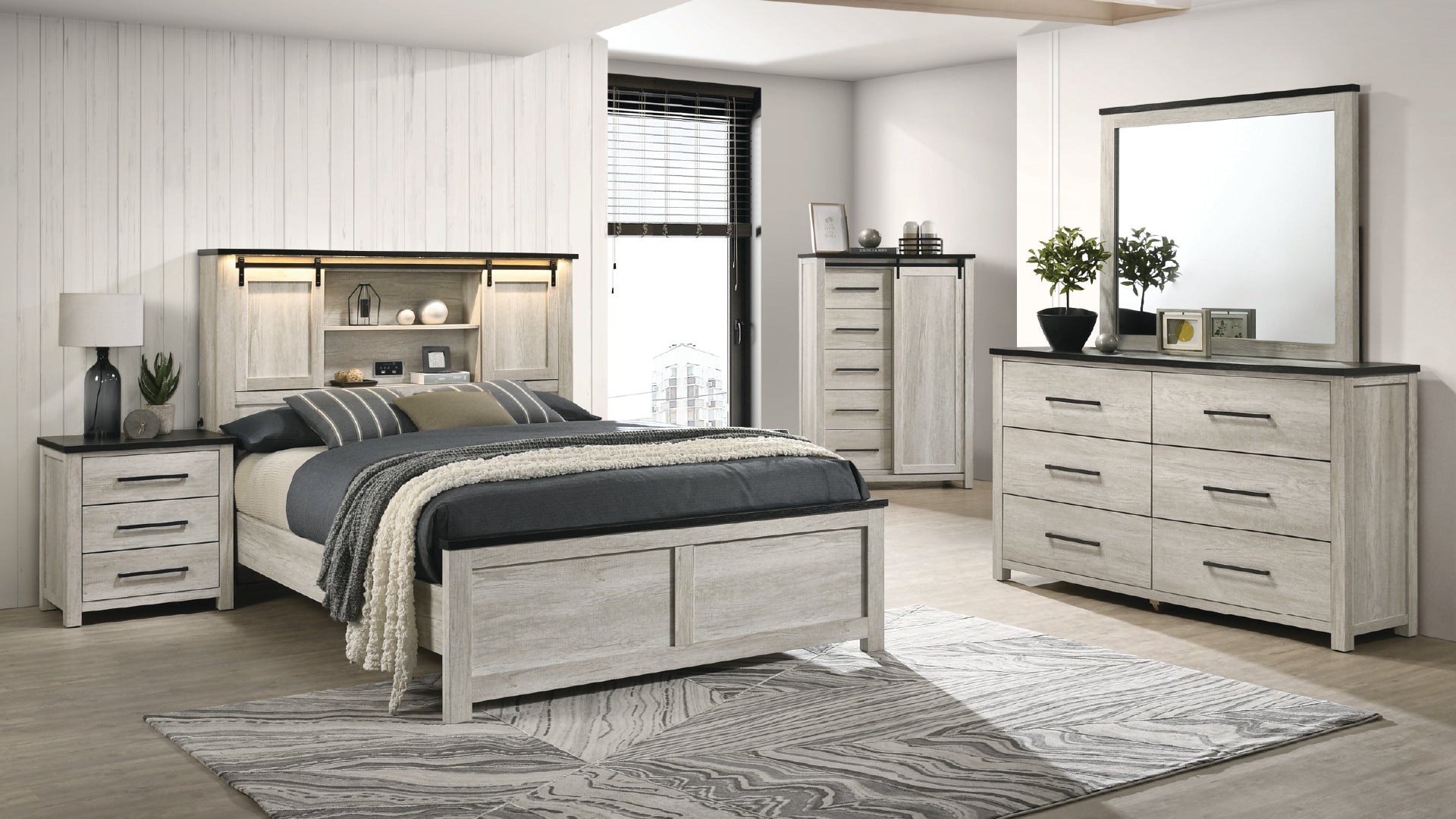 B1811 Heritage Modern Rustic Queen Bedroom Set with LED Bookcase Headboard