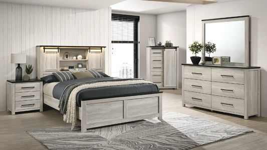 B1811 Heritage Modern Rustic Queen Bedroom Set with LED Bookcase Headboard