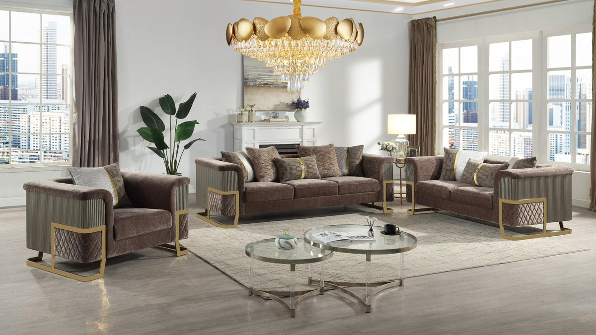 Malora Velvet Sofa, Loveseat & Chair Set