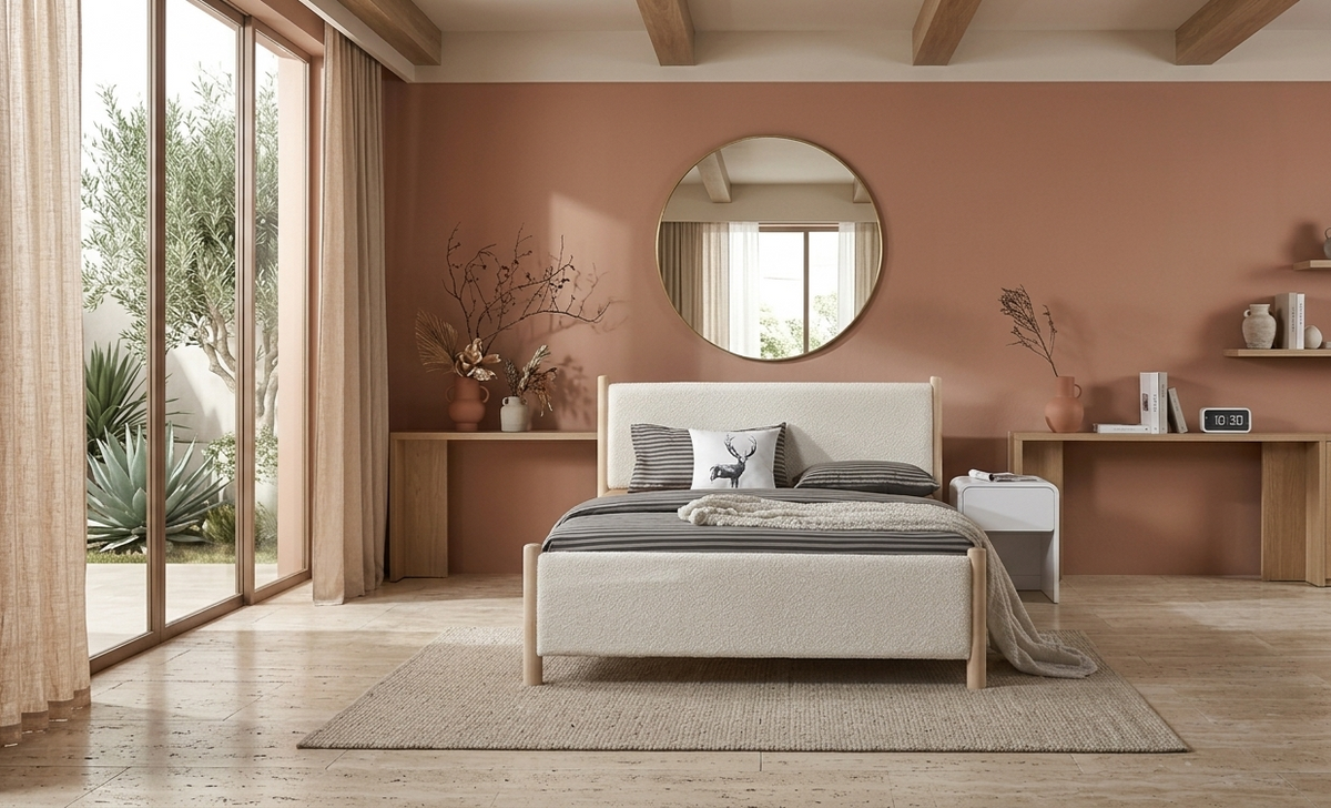 Callala Chenille Upholstered Bed with Solid Rubberwood Frame