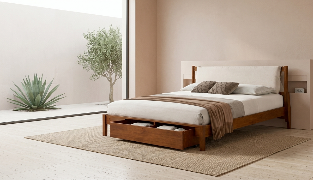 Alder Walnut Rubberwood Storage Bed with Beige Chenille Headboard