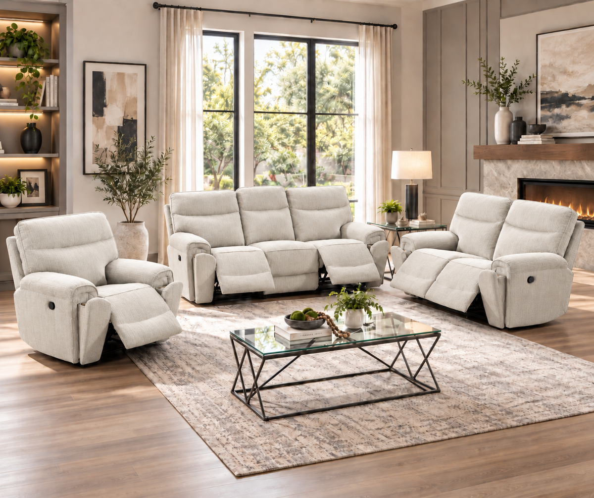 Sheana Fabric Reclining Sofa, Loveseat & Chair Set