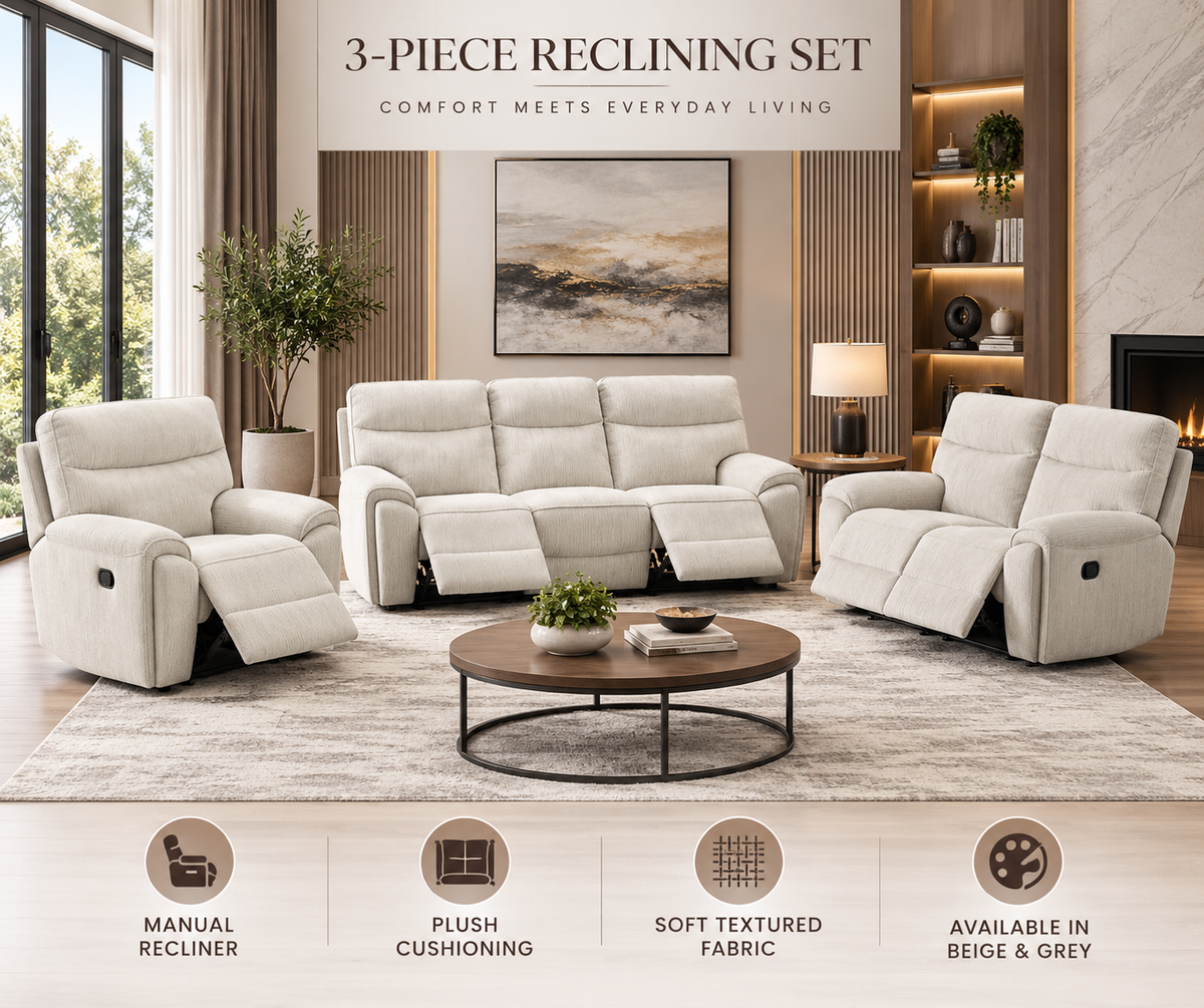 Sheana Fabric Reclining Sofa, Loveseat & Chair Set