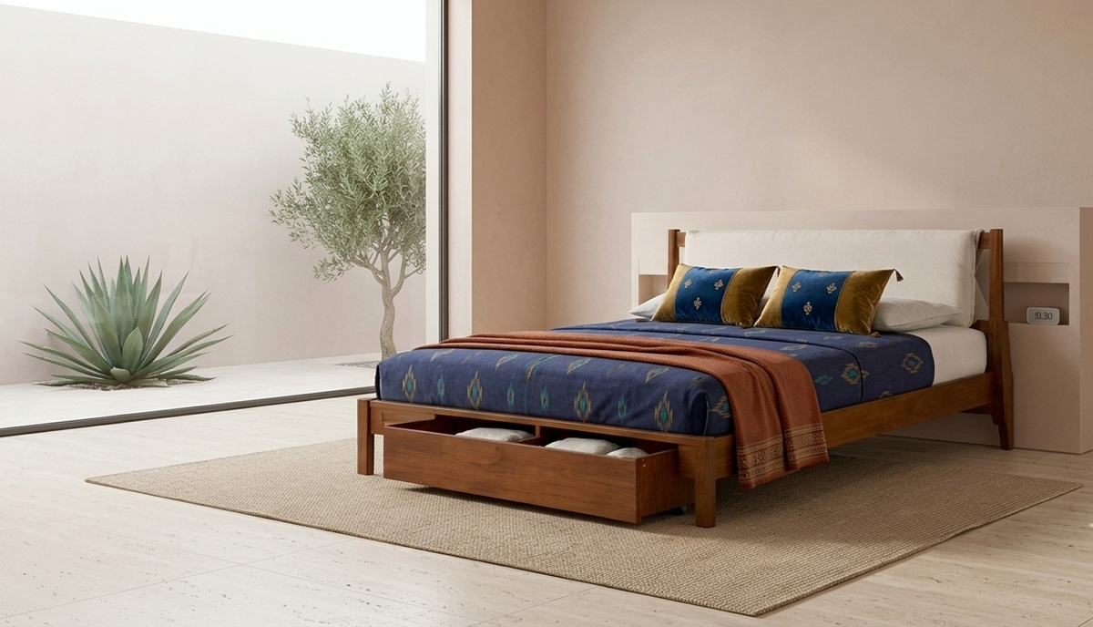 Alder Walnut Rubberwood Storage Bed with Beige Chenille Headboard