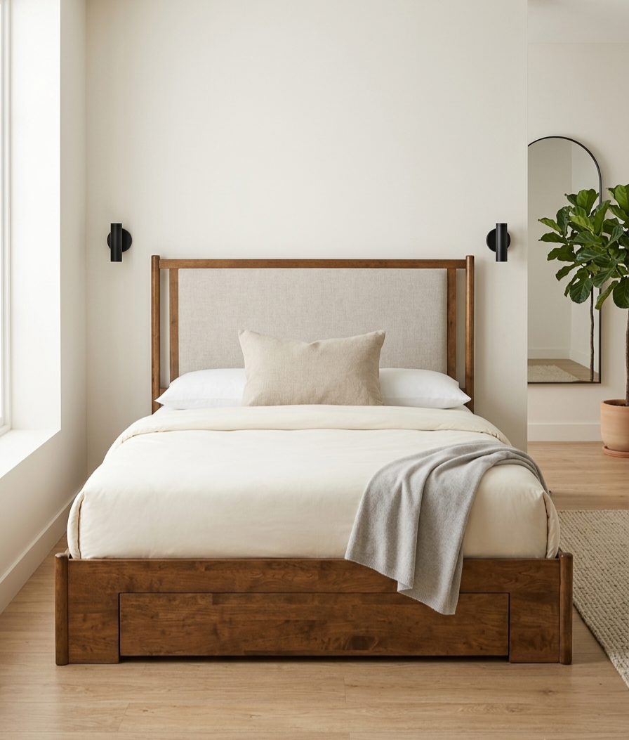 Arbor Grey Chenille Storage Bed with Solid Rubberwood Frame