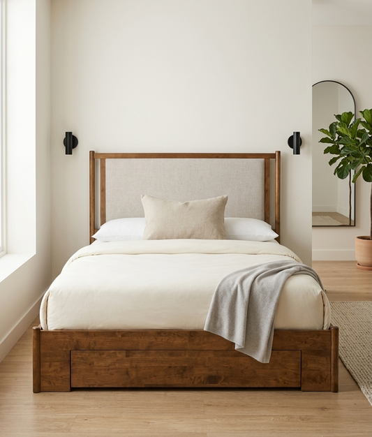 Arbor Grey Chenille Storage Bed with Solid Rubberwood Frame