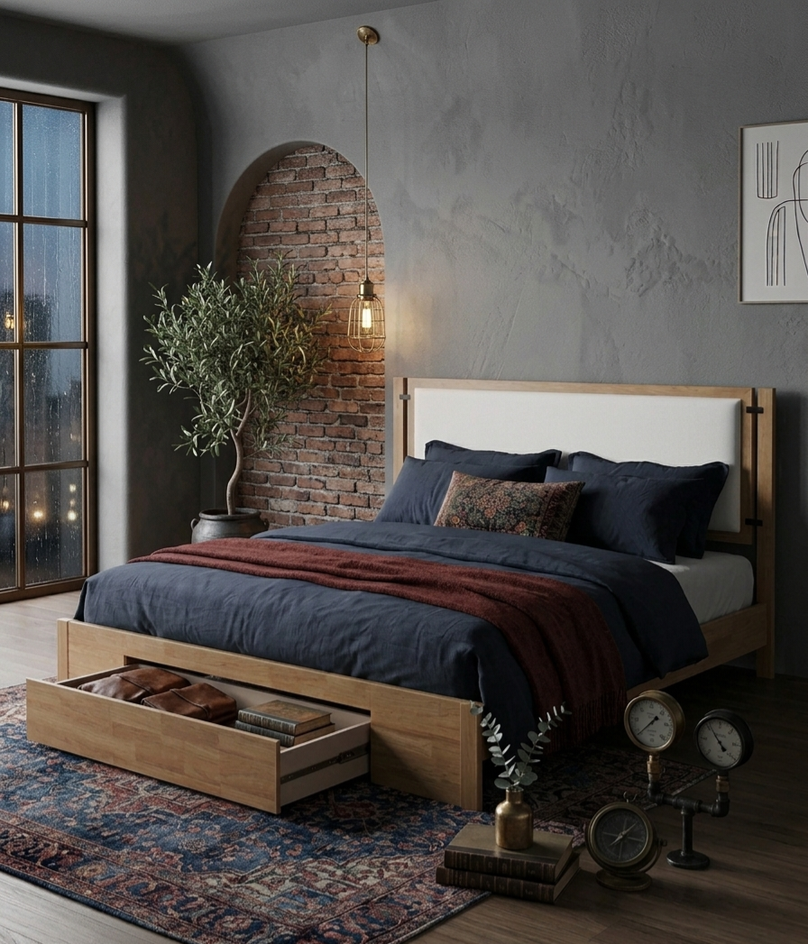 Haven Beige Chenille Storage Bed with Oak Rubberwood Frame