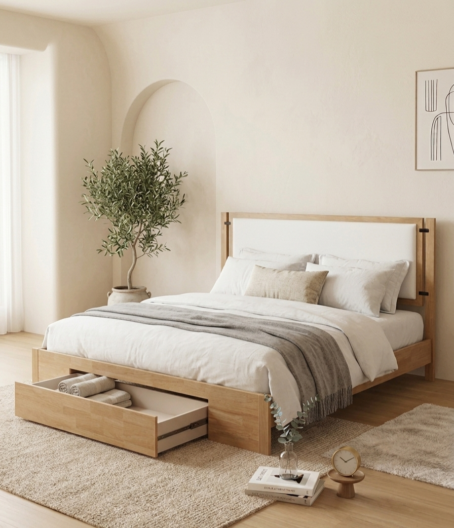 Haven Beige Chenille Storage Bed with Oak Rubberwood Frame