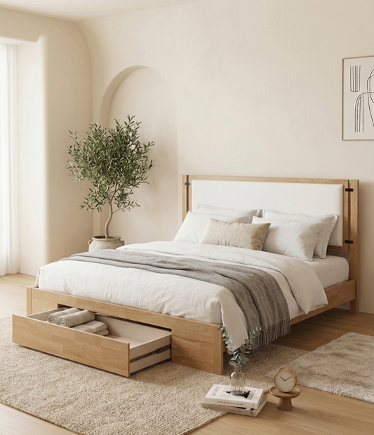 Haven Beige Chenille Storage Bed with Oak Rubberwood Frame