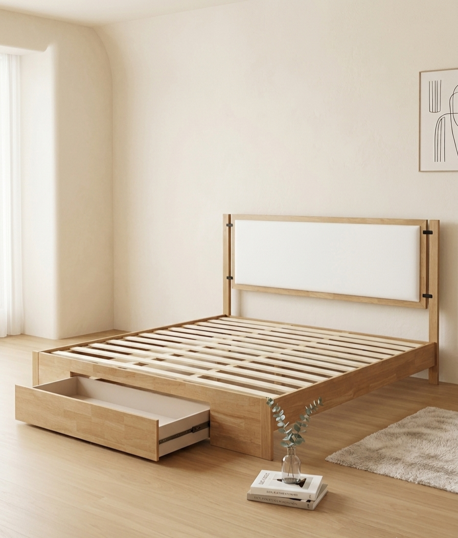 Haven Beige Chenille Storage Bed with Oak Rubberwood Frame