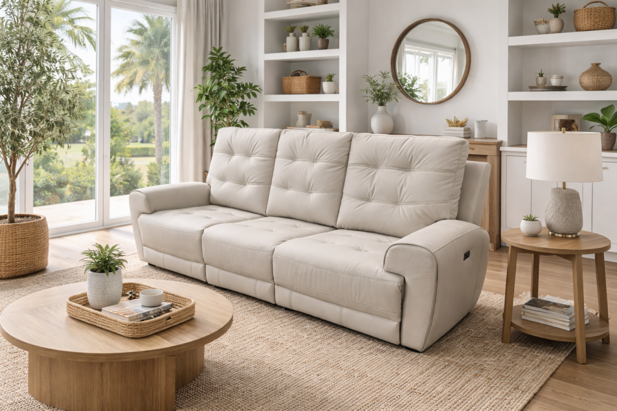 Tufted Leather Power Recliner Sofa – Taupe