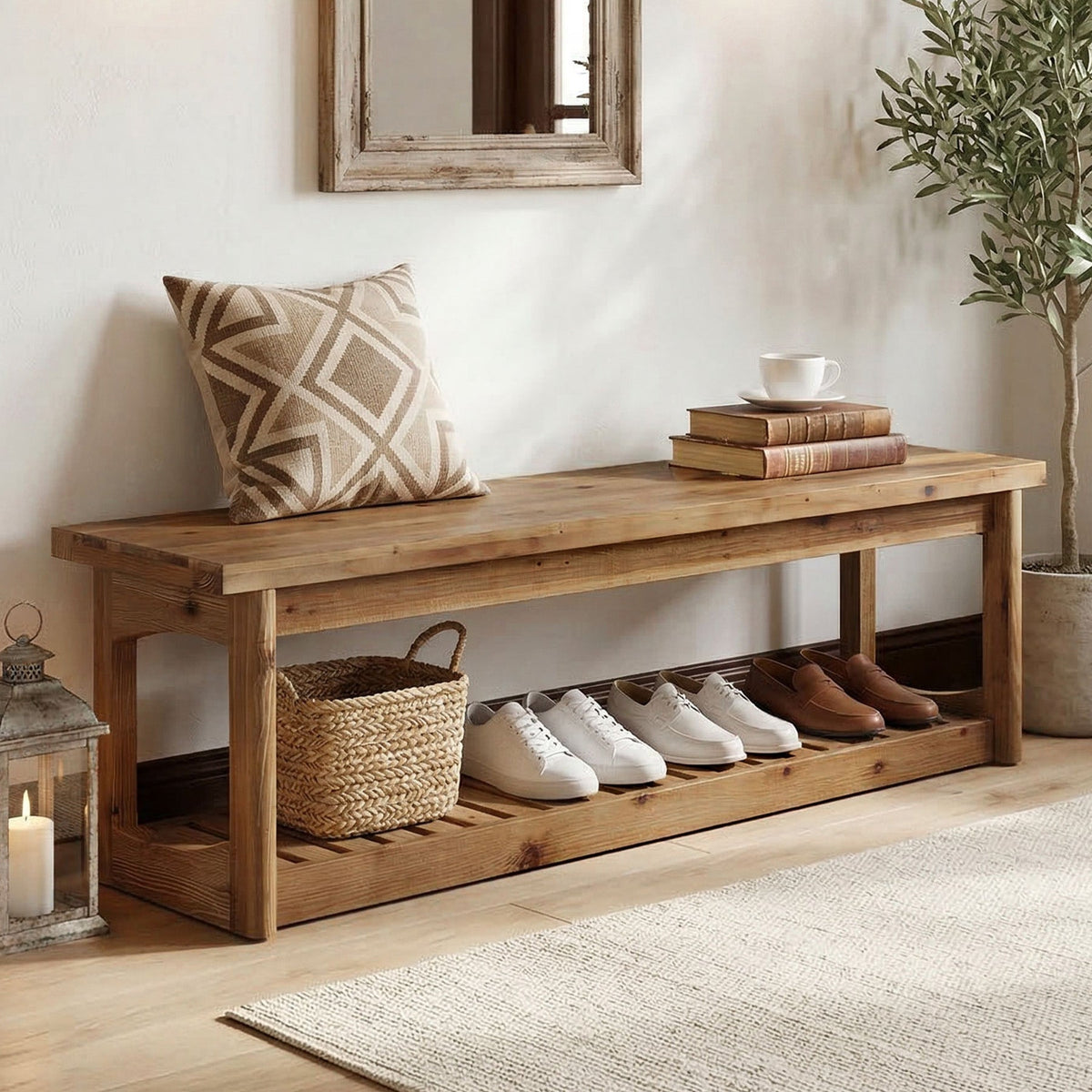 63" Solid Wood Entryway Bench with Storage Shoe Organizer for Hallway