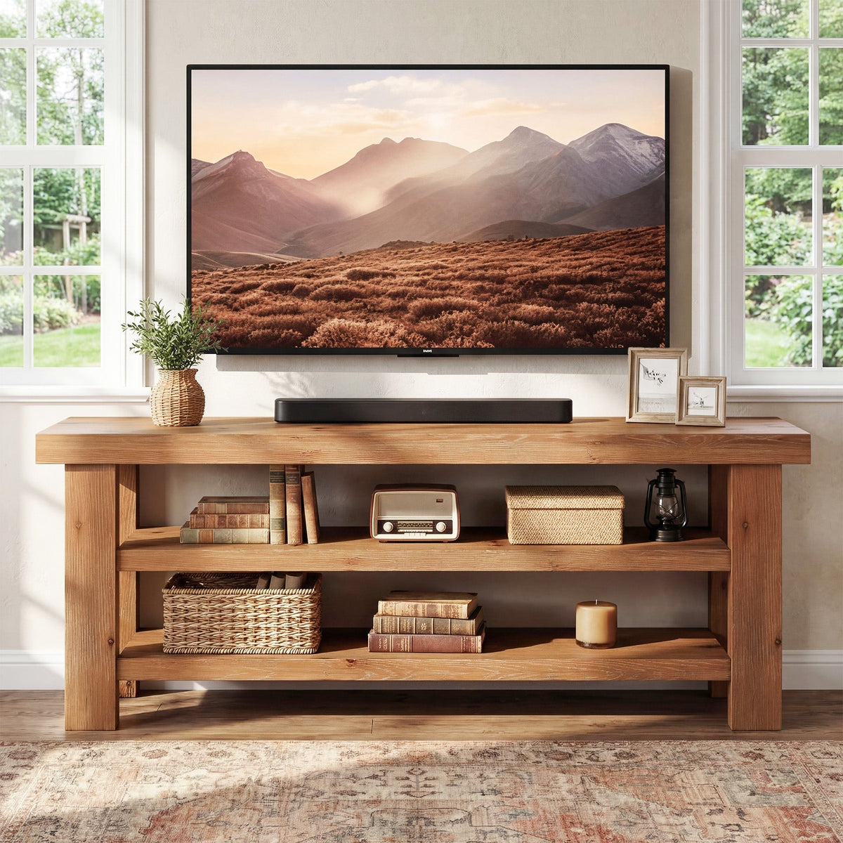 63" Solid Wood TV Stand for 55–75" TVs, Farmhouse Entertainment Center with Open Shelves