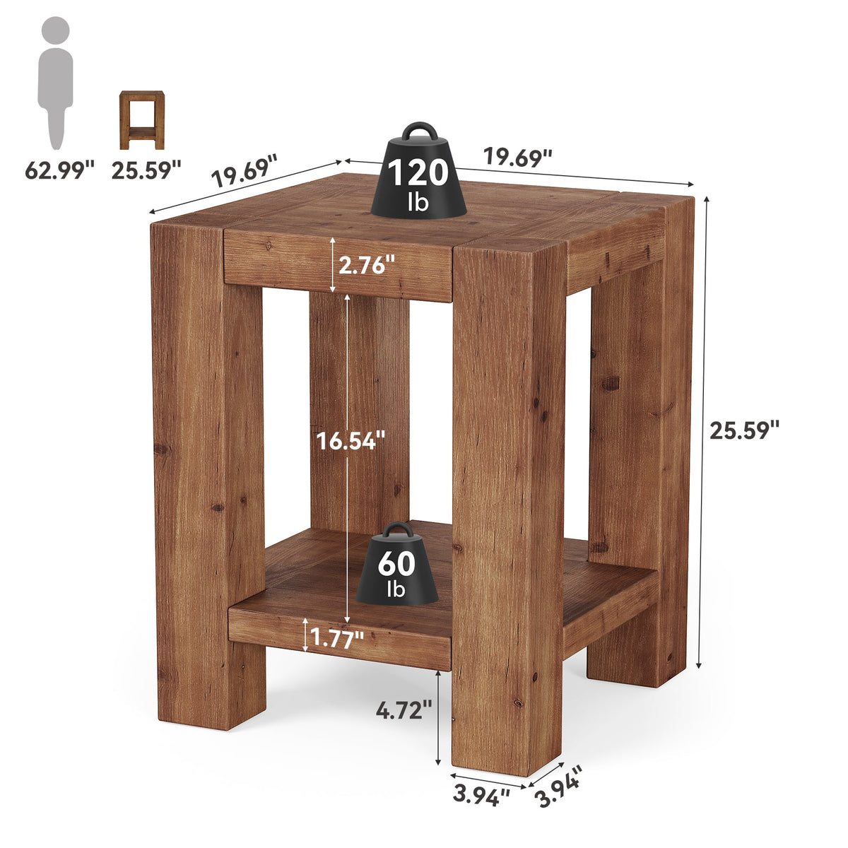 2-Tier Solid Wood Nightstand, 19.69" Beside Table with Storage Shelves