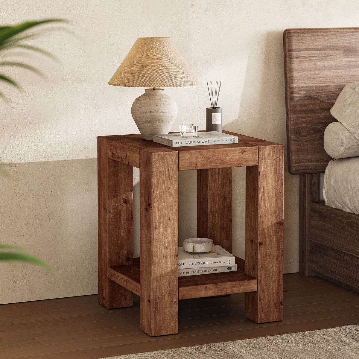2-Tier Solid Wood Nightstand, 19.69" Beside Table with Storage Shelves