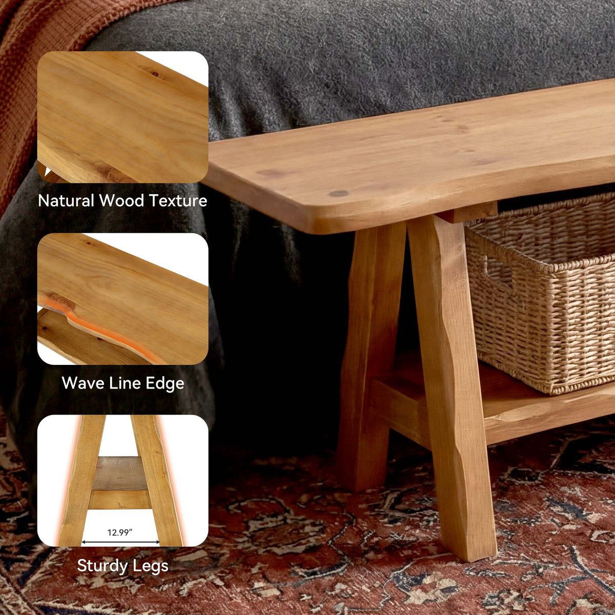 55 Inch Solid Wood Entryway Bench, Farmhouse Live Edge Bench