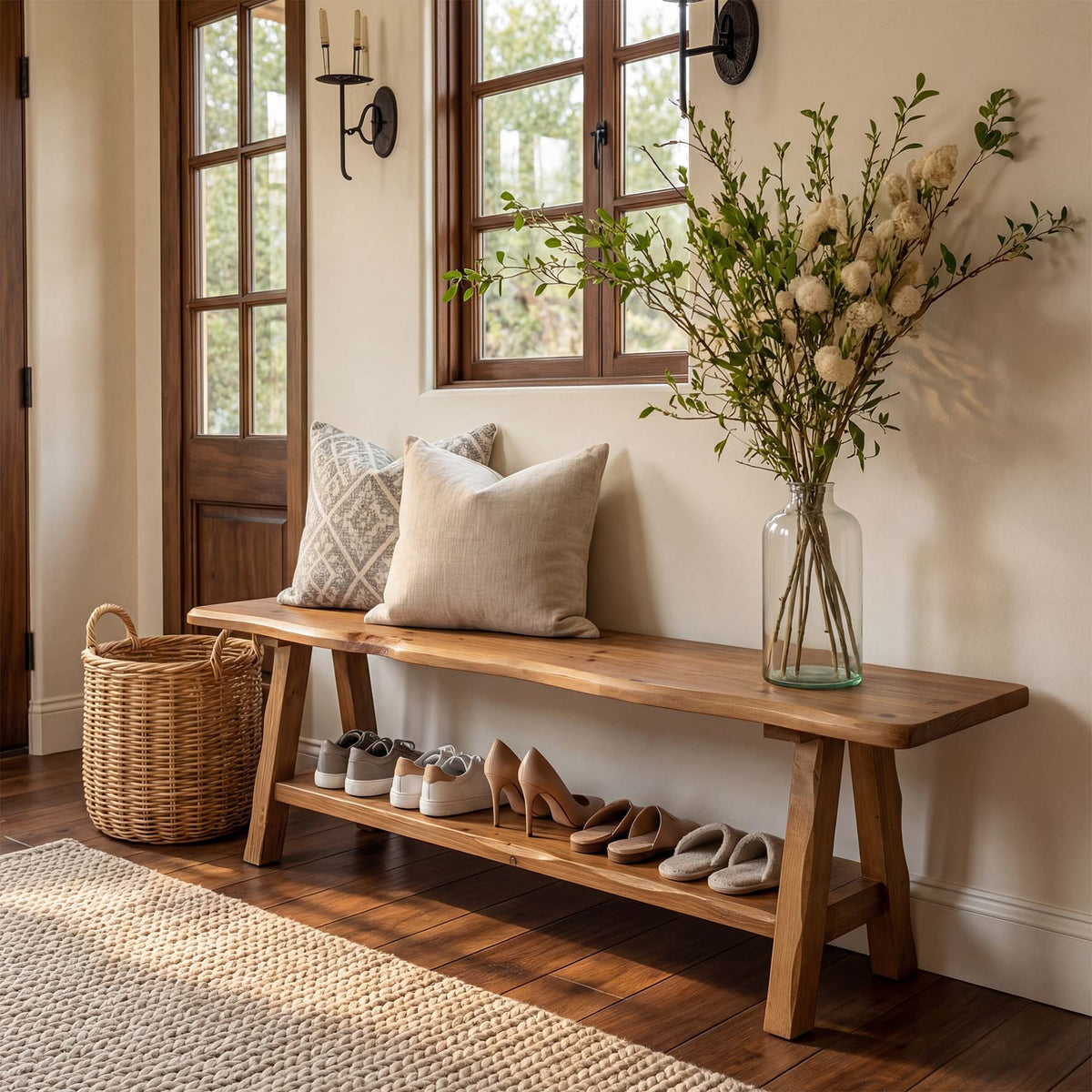 55 Inch Solid Wood Entryway Bench, Farmhouse Live Edge Bench