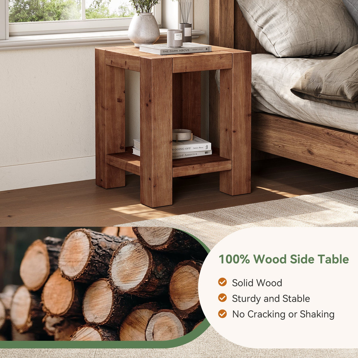 2-Tier Solid Wood Nightstand, 19.69" Beside Table with Storage Shelves