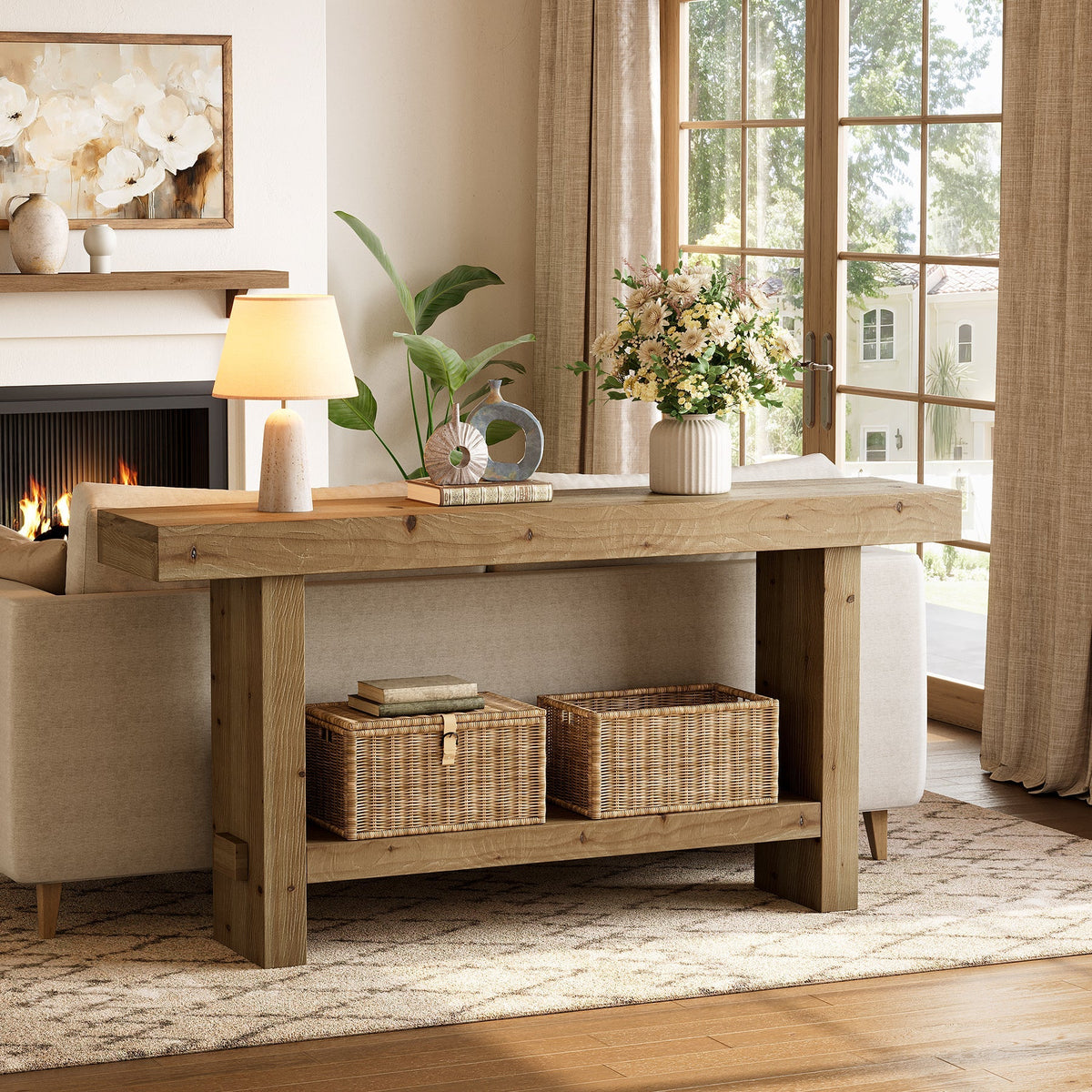 63" Solid Wood Console Table, 2-Tier Narrow Entryway Table for Hallway