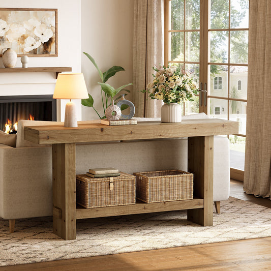 63" Solid Wood Console Table, 2-Tier Narrow Entryway Table for Hallway