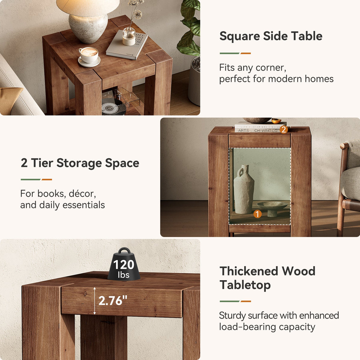 2-Tier Solid Wood Nightstand, 19.69" Beside Table with Storage Shelves