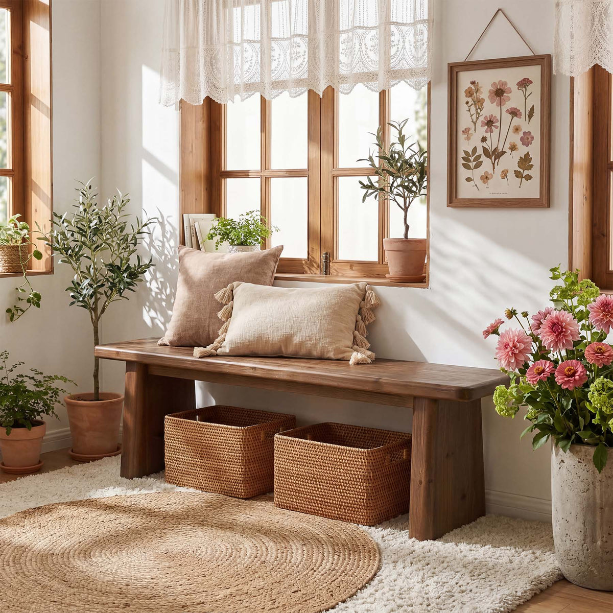 55" Entryway Bench, Solid Wood End of Bed Bench Dining Bench