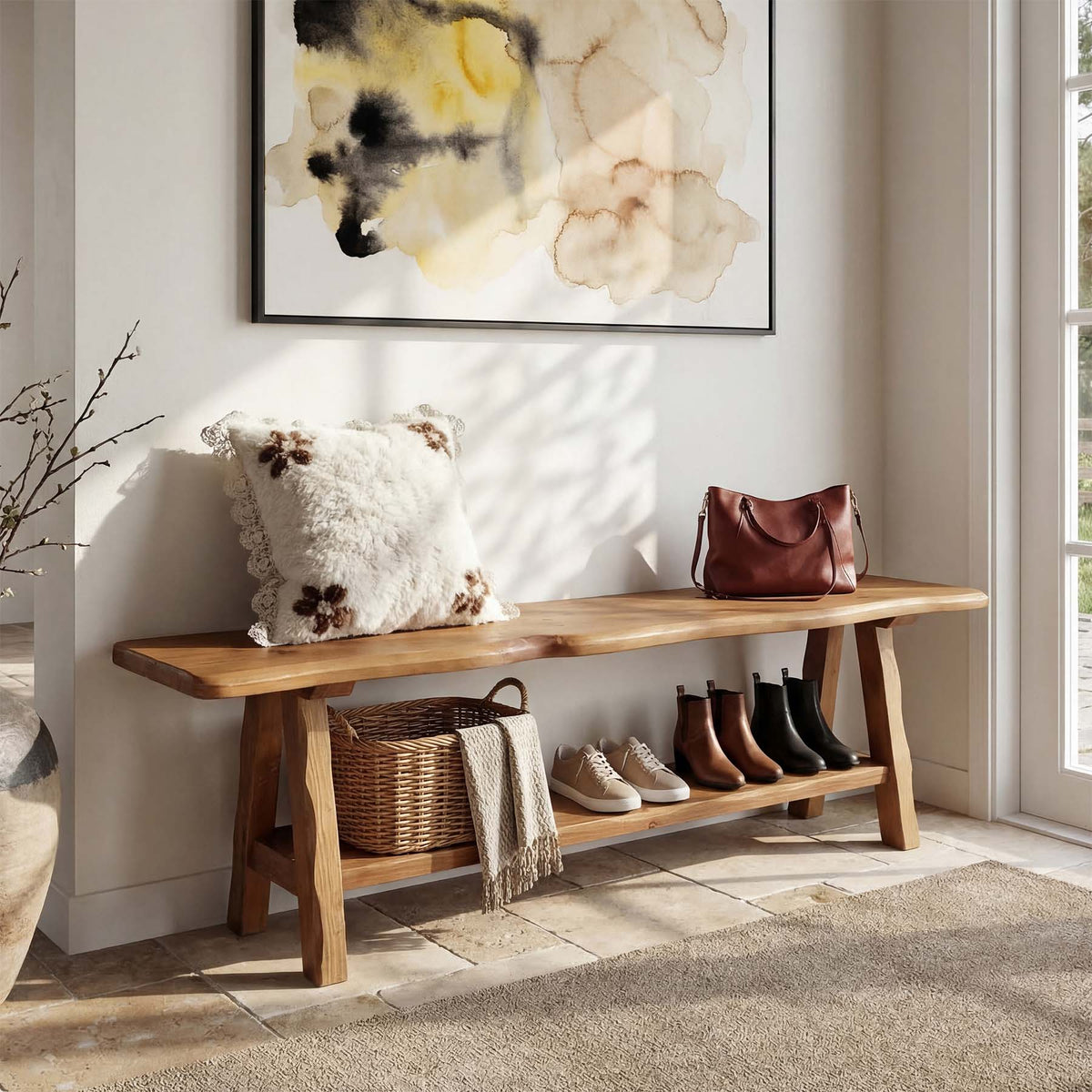 55 Inch Solid Wood Entryway Bench, Farmhouse Live Edge Bench