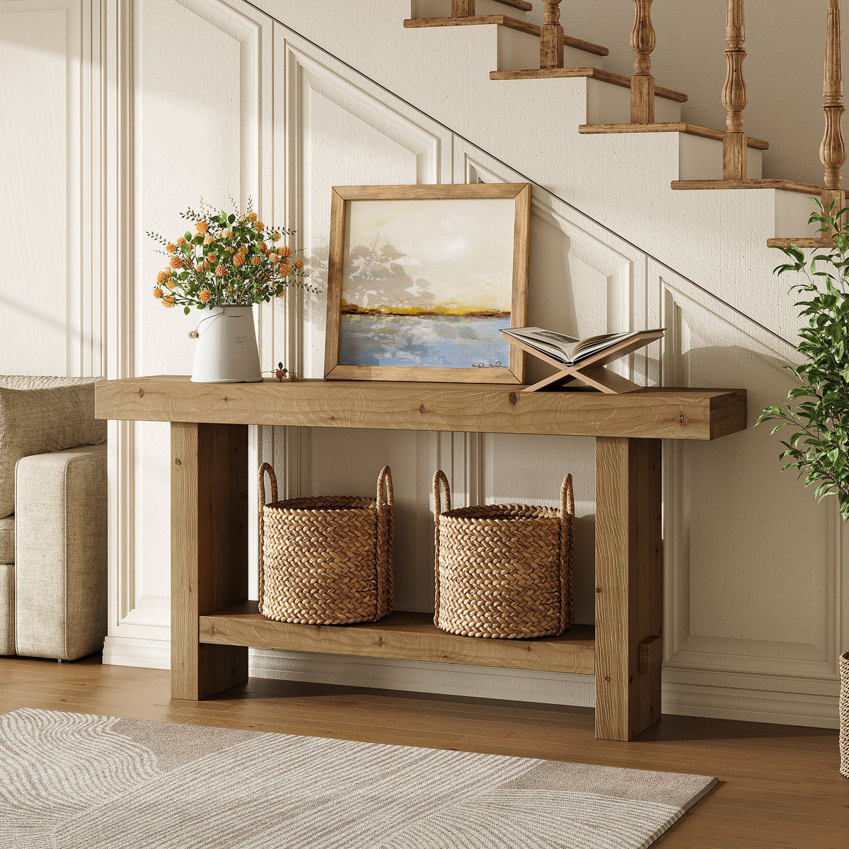 63" Solid Wood Console Table, 2-Tier Narrow Entryway Table for Hallway