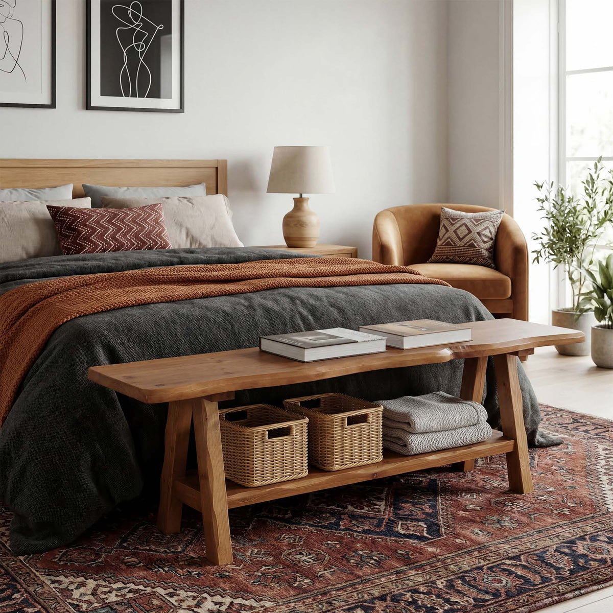 55 Inch Solid Wood Entryway Bench, Farmhouse Live Edge Bench