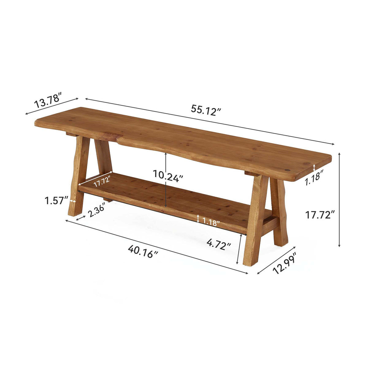 55 Inch Solid Wood Entryway Bench, Farmhouse Live Edge Bench
