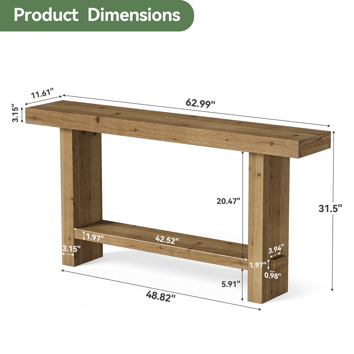 63" Solid Wood Console Table, 2-Tier Narrow Entryway Table for Hallway