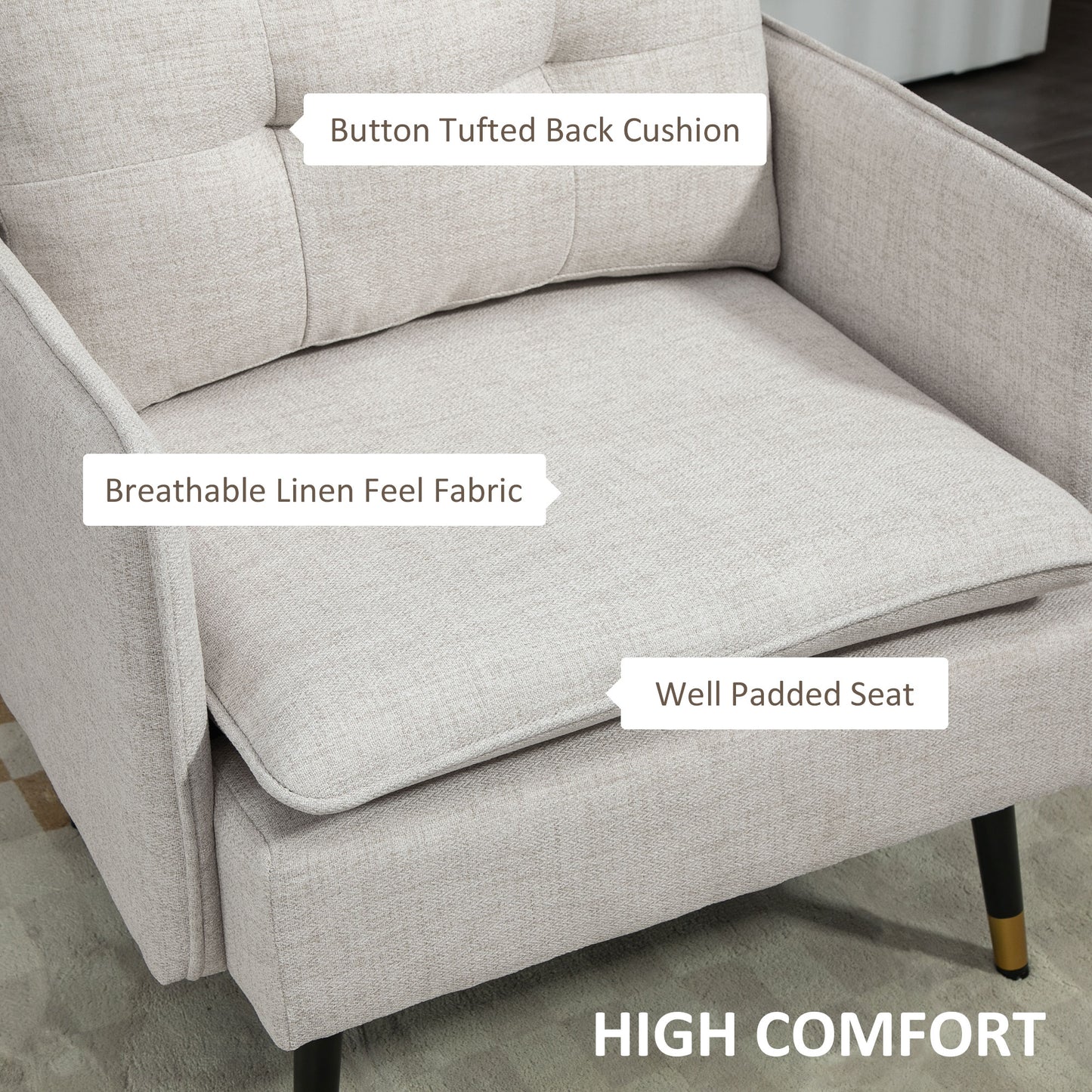 Modern Upholstered Accent Armchair with Tufted Back, Steel Legs, Cream White