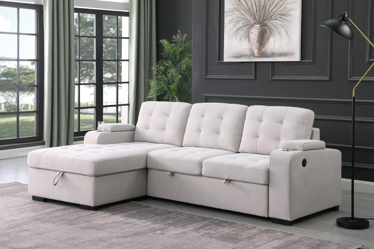 Lennox Contemporary Beige Sectional Sleeper Sofa with Storage Chaise and USB