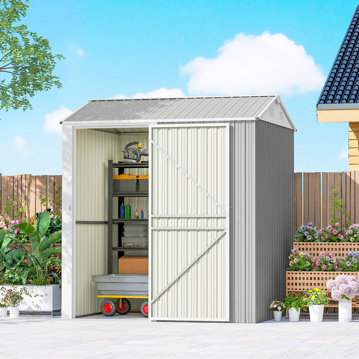 7' x 6' Tall Outdoor Storage Shed, Waterproof Metal Garden Shed with Gloves, Lockable Door – Grey