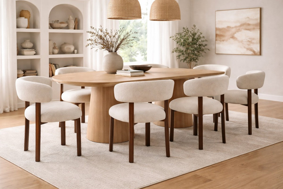 Curved Boucle Dining Chair, Set of 2 – Walnut/Beige