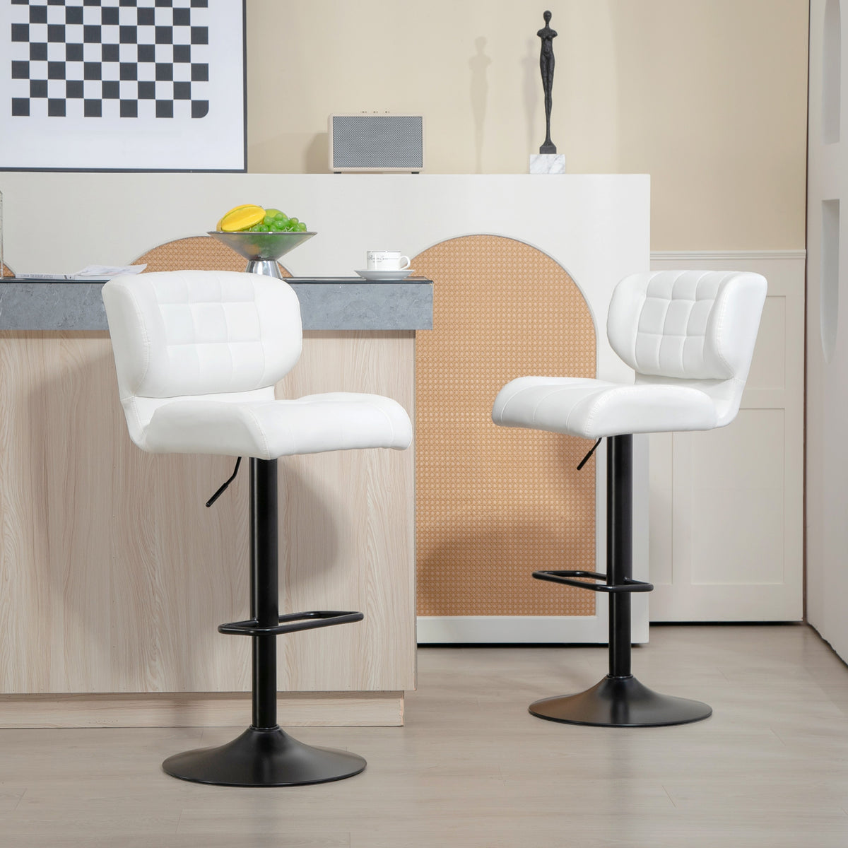 Tufted PU Leather Swivel Bar Stools with Footrest, Set of 2, White