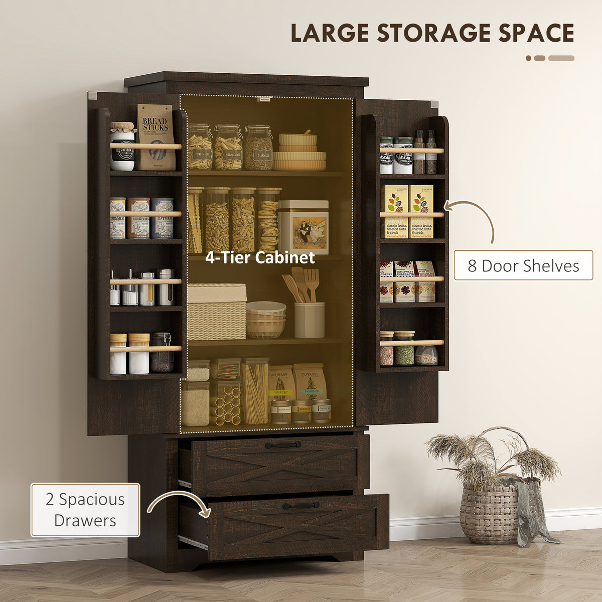 Freestanding Kitchen Pantry Cabinet with Drawers – 29"W x 64"H
