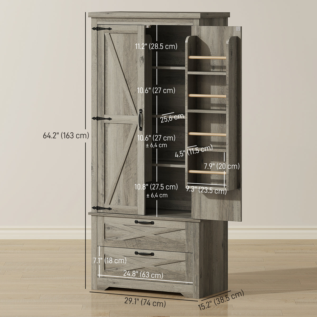 Freestanding Kitchen Pantry Cabinet with Drawers – 29"W x 64"H