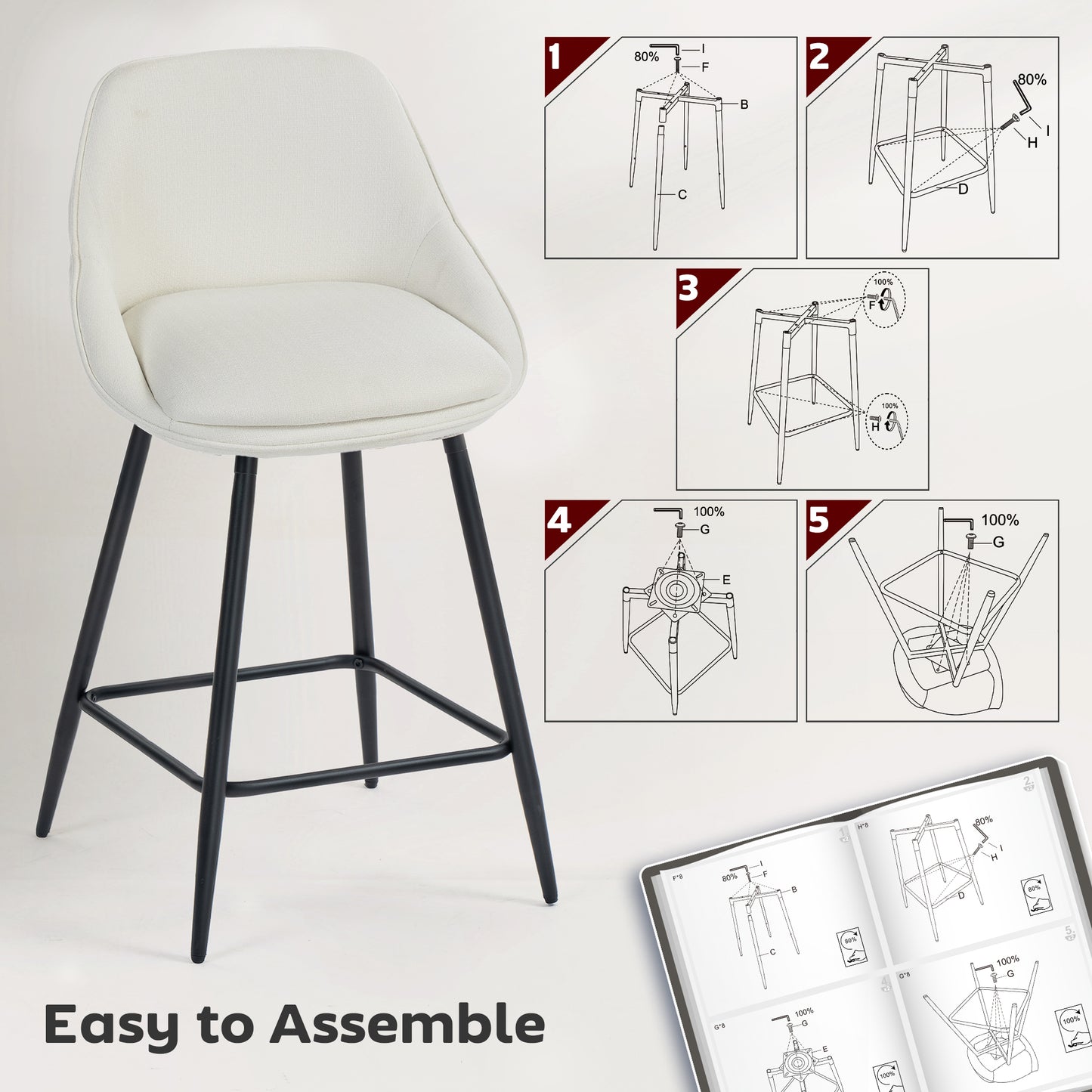 HOMCOM 26" Cream Upholstered Swivel Counter Bar Stools with Backrests