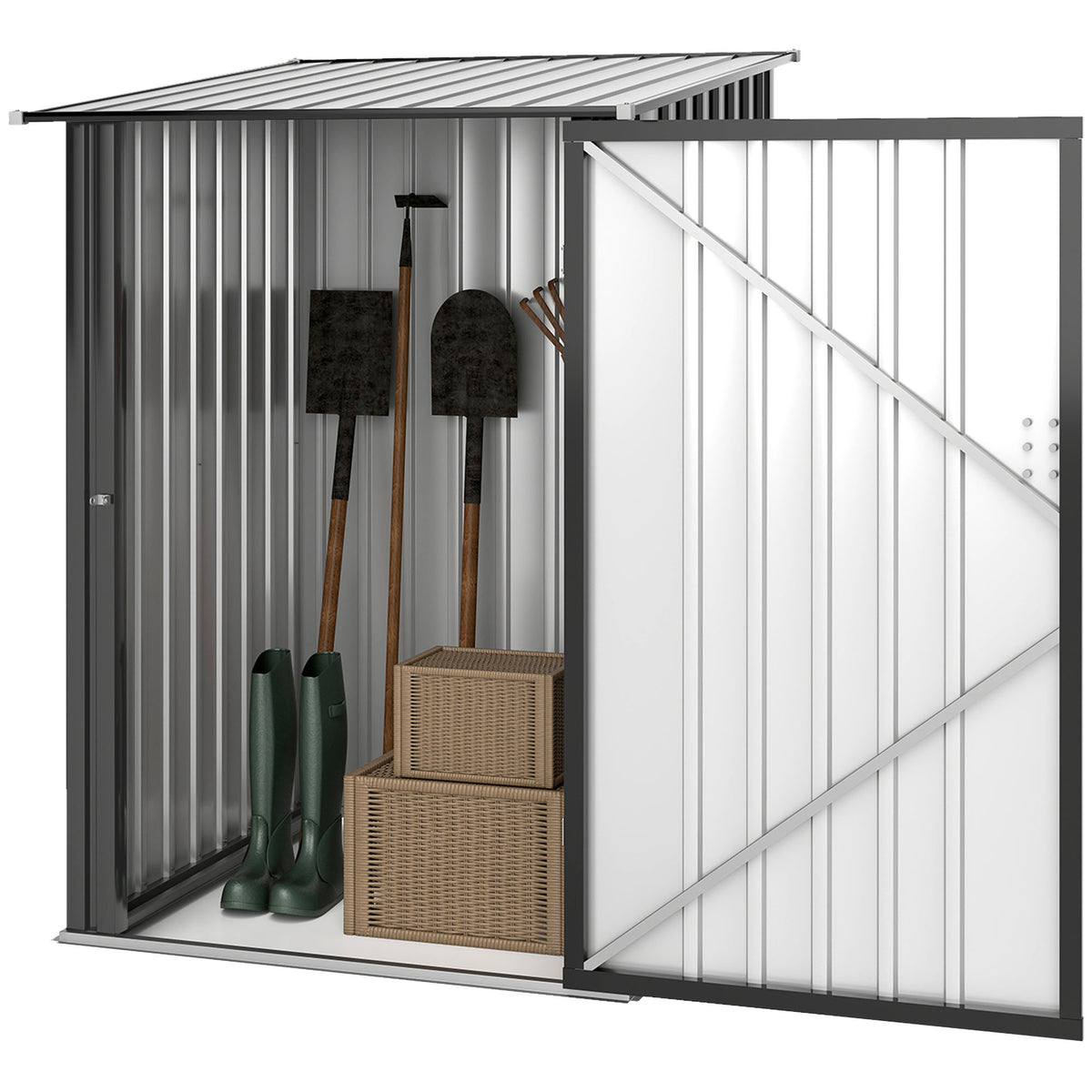 3.3' x 3.4' Lean-to Outdoor Garden Storage Shed, Galvanized Steel with Lockable Door for Patio – Dark Gray
