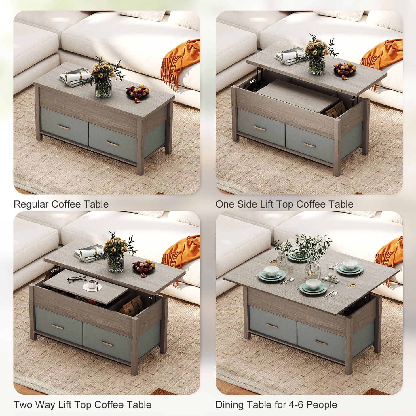 Modern Lift Top Coffee Table with Charging, Hidden Storage & Fabric Drawers