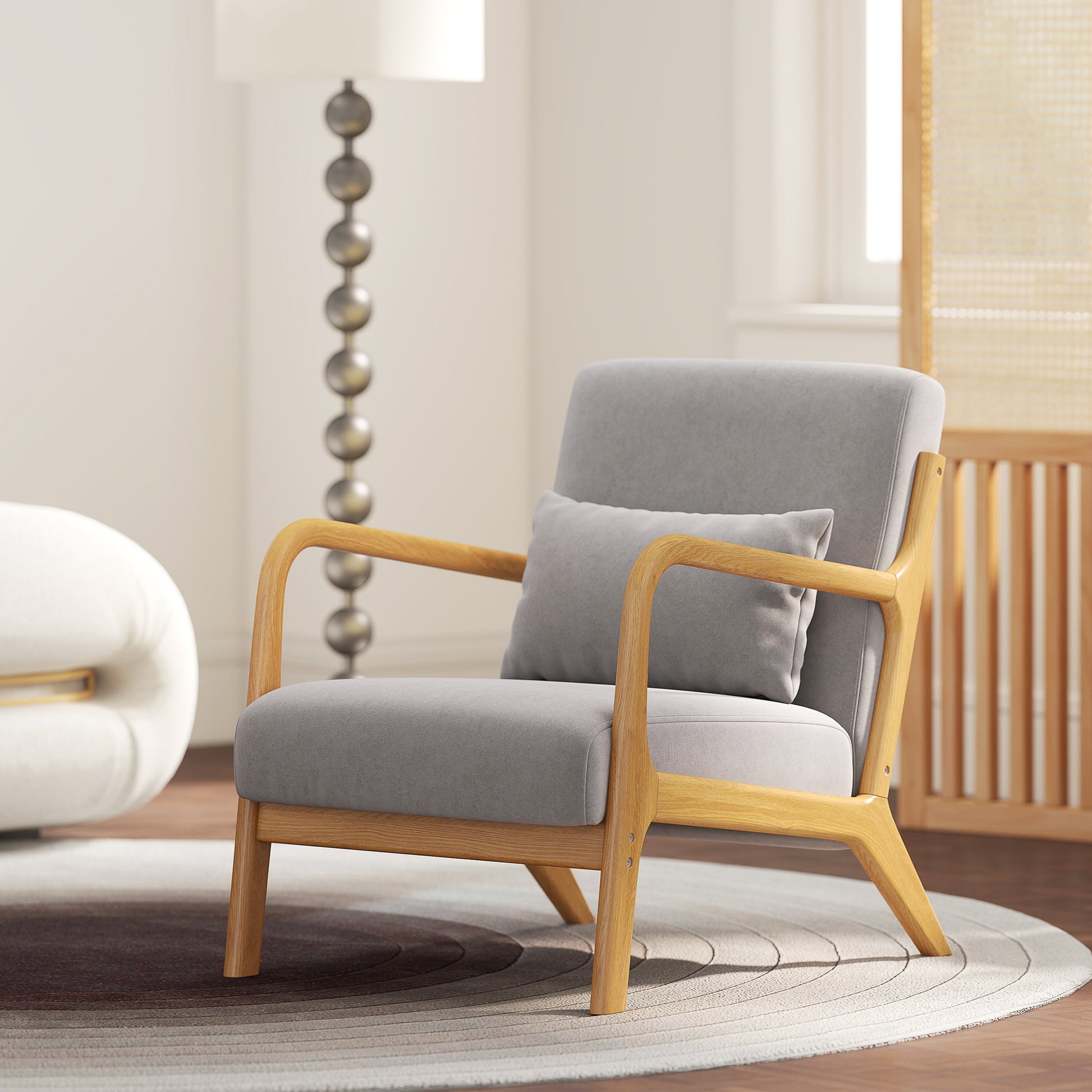 HOMCOM Grey Velvet Fabric Retro Accent Lounge Chair with Wood Legs